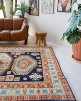 Vintage Turkish rug in a living room setting, pile rug, Turkish rug, vintage rug, portland, rug shop, bright colors, wild shaman, soft rug, bold color, Portland, Oregon, rug store, rug shop, local shop