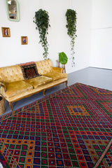 orange, green, mustard, yellow, black, red, old rug, vintage kilim, flat weave, antique, oushak, portland rug shop, rug store, wild shaman