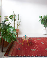 Vintage kilim rug in room decor setting, old rug, antique rug, pastel colors, faded colors, Turkish rug, vintage rug, soft rug, Portland, Oregon, rug store, rug shop, local shop, bold colors, bright colors, faded colors