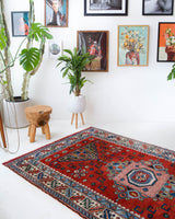 Vintage Turkish rug in a living room setting, pile rug, Turkish rug, vintage rug, portland, rug shop, bright colors, wild shaman, soft rug, bold color, Portland, Oregon, rug store, rug shop, local shop, antique rug