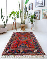 Vintage Turkish rug in a living room setting, pile rug, Turkish rug, vintage rug, portland, rug shop, bright colors, wild shaman, soft rug, bold color, Portland, Oregon, rug store, rug shop, local shop, antique rug