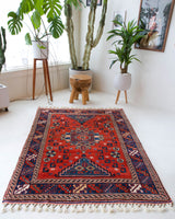 Vintage Turkish rug in a living room setting, pile rug, Turkish rug, vintage rug, portland, rug shop, bright colors, wild shaman, soft rug, bold color, Portland, Oregon, rug store, rug shop, local shop, antique rug