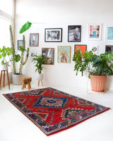 Vintage Turkish rug in a living room setting, pile rug, Turkish rug, vintage rug, portland, rug shop, bright colors, wild shaman, soft rug, bold color, Portland, Oregon, rug store, rug shop, local shop, antique rug