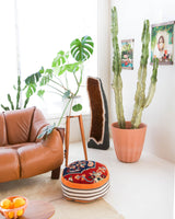 Foor pouf in a living room setting, pillow, turkish pillow, kilim pillow, home decor, decorative pillow, sham, rug pillow, decor, home decor, pouf, floor cushion, cushion, Portland, rugshop, Oregon, Wild Shaman, ottoman