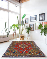 Vintage Turkish rug in a living room setting, pile rug, Turkish rug, vintage rug, portland, rug shop, bright colors, wild shaman, soft rug, bold color, Portland, Oregon, rug store, rug shop, local shop, antique rug