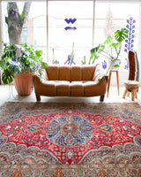 Vintage Turkish rug in a living room setting, pile rug, Turkish rug, vintage rug, portland, rug shop, bright colors, wild shaman, soft rug, bold color, Portland, Oregon, rug store, rug shop, local shop, antique rug