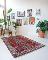 Vintage Turkish rug in a living room setting, pile rug, Turkish rug, vintage rug, portland, rug shop, bright colors, wild shaman, soft rug, bold color, Portland, Oregon, rug store, rug shop, local shop