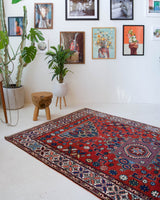 Vintage Turkish rug in a living room setting, pile rug, Turkish rug, vintage rug, portland, rug shop, bright colors, wild shaman, soft rug, bold color, Portland, Oregon, rug store, rug shop, local shop