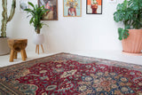 Vintage Turkish rug in a living room setting, pile rug, Turkish rug, vintage rug, portland, rug shop, bright colors, wild shaman, soft rug, bold color, Portland, Oregon, rug store, rug shop, local shop, antique rug