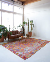 Vintage kilim rug in living room setting, bright colors, wild shaman, soft rug, bold color, Portland, Oregon, rug store, rug shop, local shop, vintage rug, modern kilim, warm colors