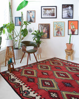 Vintage kilim rug in living room setting, bright colors, wild shaman, soft rug, bold color, Portland, Oregon, rug store, rug shop, local shop, vintage rug, modern kilim, warm colors