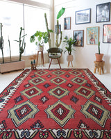 Vintage kilim rug in living room setting, bright colors, wild shaman, soft rug, bold color, Portland, Oregon, rug store, rug shop, local shop, vintage rug, modern kilim, warm colors