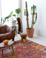 Vintage kilim rug in living room setting, bright colors, wild shaman, soft rug, bold color, Portland, Oregon, rug store, rug shop, local shop, vintage rug, modern kilim, warm colors
