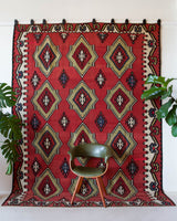 Vintage kilim rug in living room setting, bright colors, wild shaman, soft rug, bold color, Portland, Oregon, rug store, rug shop, local shop, vintage rug, modern kilim, warm colors