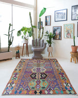 Vintage kilim rug in living room setting, bright colors, wild shaman, soft rug, bold color, Portland, Oregon, rug store, rug shop, local shop, vintage rug, modern kilim, warm colors