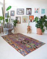 Vintage kilim rug in living room setting, bright colors, wild shaman, soft rug, bold color, Portland, Oregon, rug store, rug shop, local shop, vintage rug, modern kilim, warm colors