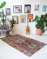Vintage kilim rug in living room setting, bright colors, wild shaman, soft rug, bold color, Portland, Oregon, rug store, rug shop, local shop, vintage rug, modern kilim, warm colors