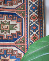 Vintage Turkish runner rug in living room setting, old rug, antique rug, pastel colors, faded colors, Turkish rug, vintage rug, soft rug, Portland, Oregon, rug store, rug shop, local shop
