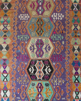 Vintage kilim rug in living room setting, bright colors, wild shaman, soft rug, bold color, Portland, Oregon, rug store, rug shop, local shop, vintage rug, modern kilim, warm colors