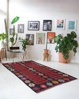 Vintage kilim rug in living room setting, bright colors, wild shaman, soft rug, bold color, Portland, Oregon, rug store, rug shop, local shop, vintage rug, modern kilim, warm colors