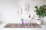 Vintage Turkish runner rug in living room setting, old rug, antique rug, pastel colors, faded colors, Turkish rug, vintage rug, soft rug, Portland, Oregon, rug store, rug shop, local shop
