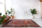 Antique Persian area rug in a living room setting, pile rug, vintage rug, portland, rug shop, bright colors, wild shaman, soft rug, bold color, Portland, Oregon, rug store, rug shop, local shop, antique rug, Persian rug, handmade rug, wool rug