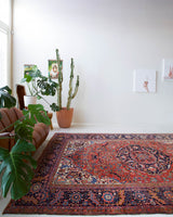 Antique Persian area rug in a living room setting, pile rug, vintage rug, portland, rug shop, bright colors, wild shaman, soft rug, bold color, Portland, Oregon, rug store, rug shop, local shop, antique rug, Persian rug, handmade rug, wool rug