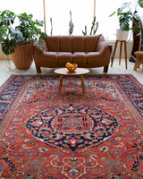 Antique Persian area rug in a living room setting, pile rug, vintage rug, portland, rug shop, bright colors, wild shaman, soft rug, bold color, Portland, Oregon, rug store, rug shop, local shop, antique rug, Persian rug, handmade rug, wool rug