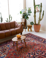 Antique Persian area rug in a living room setting, pile rug, vintage rug, portland, rug shop, bright colors, wild shaman, soft rug, bold color, Portland, Oregon, rug store, rug shop, local shop, antique rug, Persian rug, handmade rug, wool rug