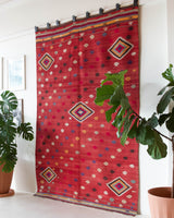 Vintage kilim rug in living room setting, bright colors, wild shaman, soft rug, bold color, Portland, Oregon, rug store, rug shop, local shop, vintage rug, modern kilim, warm colors