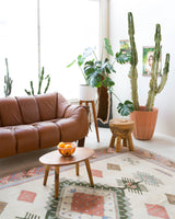 Vintage Turkish rug in living room setting, old rug, antique rug, pastel colors, faded colors, Turkish rug, vintage rug, soft rug, Portland, Oregon, rug store, rug shop, local shop