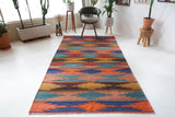 Vintage kilim rug in living room setting, bright colors, wild shaman, soft rug, bold color, Portland, Oregon, rug store, rug shop, local shop, vintage rug, modern kilim, warm colors