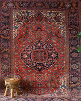 Antique Persian area rug in a living room setting, pile rug, vintage rug, portland, rug shop, bright colors, wild shaman, soft rug, bold color, Portland, Oregon, rug store, rug shop, local shop, antique rug, Persian rug, handmade rug, wool rug