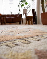 Vintage Turkish rug in living room setting, old rug, antique rug, pastel colors, faded colors, Turkish rug, vintage rug, soft rug, Portland, Oregon, rug store, rug shop, local shop