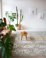 Vintage Turkish rug in living room setting, old rug, antique rug, pastel colors, faded colors, Turkish rug, vintage rug, soft rug, Portland, Oregon, rug store, rug shop, local shop