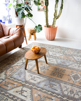 Vintage Turkish rug in living room setting, old rug, antique rug, pastel colors, faded colors, Turkish rug, vintage rug, soft rug, Portland, Oregon, rug store, rug shop, local shop