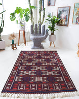 Vintage kilim rug in living room setting, bright colors, wild shaman, soft rug, bold color, Portland, Oregon, rug store, rug shop, local shop, vintage rug, modern kilim, warm colors