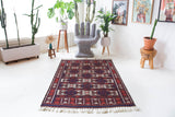 Vintage kilim rug in living room setting, bright colors, wild shaman, soft rug, bold color, Portland, Oregon, rug store, rug shop, local shop, vintage rug, modern kilim, warm colors