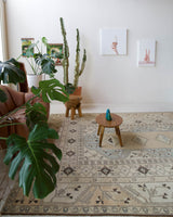 Vintage Turkish rug in living room setting, old rug, antique rug, pastel colors, faded colors, Turkish rug, vintage rug, soft rug, Portland, Oregon, rug store, rug shop, local shop