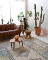 Vintage Turkish rug in living room setting, old rug, antique rug, pastel colors, faded colors, Turkish rug, vintage rug, soft rug, Portland, Oregon, rug store, rug shop, local shop