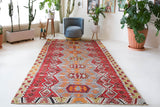 Vintage kilim rug in room decor setting, old rug, antique rug, pastel colors, faded colors, Turkish rug, vintage rug, soft rug, Portland, Oregon, rug store, rug shop, local shop, bold colors, bright colors, faded colors