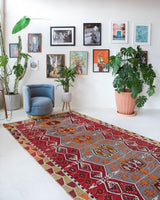 Vintage kilim rug in room decor setting, old rug, antique rug, pastel colors, faded colors, Turkish rug, vintage rug, soft rug, Portland, Oregon, rug store, rug shop, local shop, bold colors, bright colors, faded colors