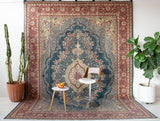 Vintage Turkish rug in a living room setting, pile rug, Turkish rug, vintage rug, portland, rug shop, bright colors, wild shaman, soft rug, bold color, Portland, Oregon, rug store, rug shop, local shop, antique rug
