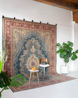 Vintage Turkish rug in a living room setting, pile rug, Turkish rug, vintage rug, portland, rug shop, bright colors, wild shaman, soft rug, bold color, Portland, Oregon, rug store, rug shop, local shop, antique rug