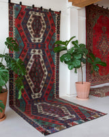 Vintage kilim rug in living room setting, bright colors, wild shaman, soft rug, bold color, Portland, Oregon, rug store, rug shop, local shop, vintage rug, modern kilim, warm colors