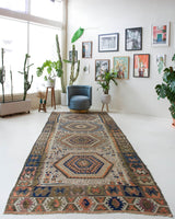 Vintage kilim rug in room decor setting, old rug, antique rug, pastel colors, faded colors, Turkish rug, vintage rug, soft rug, Portland, Oregon, rug store, rug shop, local shop, bold colors, bright colors, faded colors