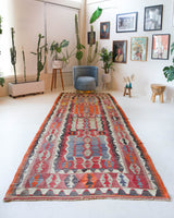Vintage kilim rug in living room setting, bright colors, wild shaman, soft rug, bold color, Portland, Oregon, rug store, rug shop, local shop, vintage rug, modern kilim, warm colors