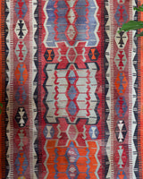 Vintage kilim rug in living room setting, bright colors, wild shaman, soft rug, bold color, Portland, Oregon, rug store, rug shop, local shop, vintage rug, modern kilim, warm colors