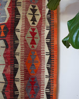 Vintage kilim rug in living room setting, bright colors, wild shaman, soft rug, bold color, Portland, Oregon, rug store, rug shop, local shop, vintage rug, modern kilim, warm colors