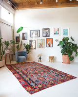 Vintage kilim rug in living room setting, bright colors, wild shaman, soft rug, bold color, Portland, Oregon, rug store, rug shop, local shop, vintage rug, modern kilim, warm colors
